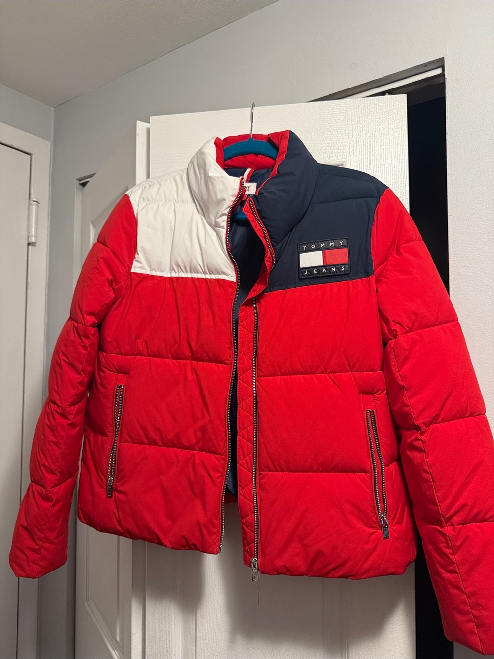 Tommy Hilfiger Red, Navy & White Colorblock Puffer Jacket